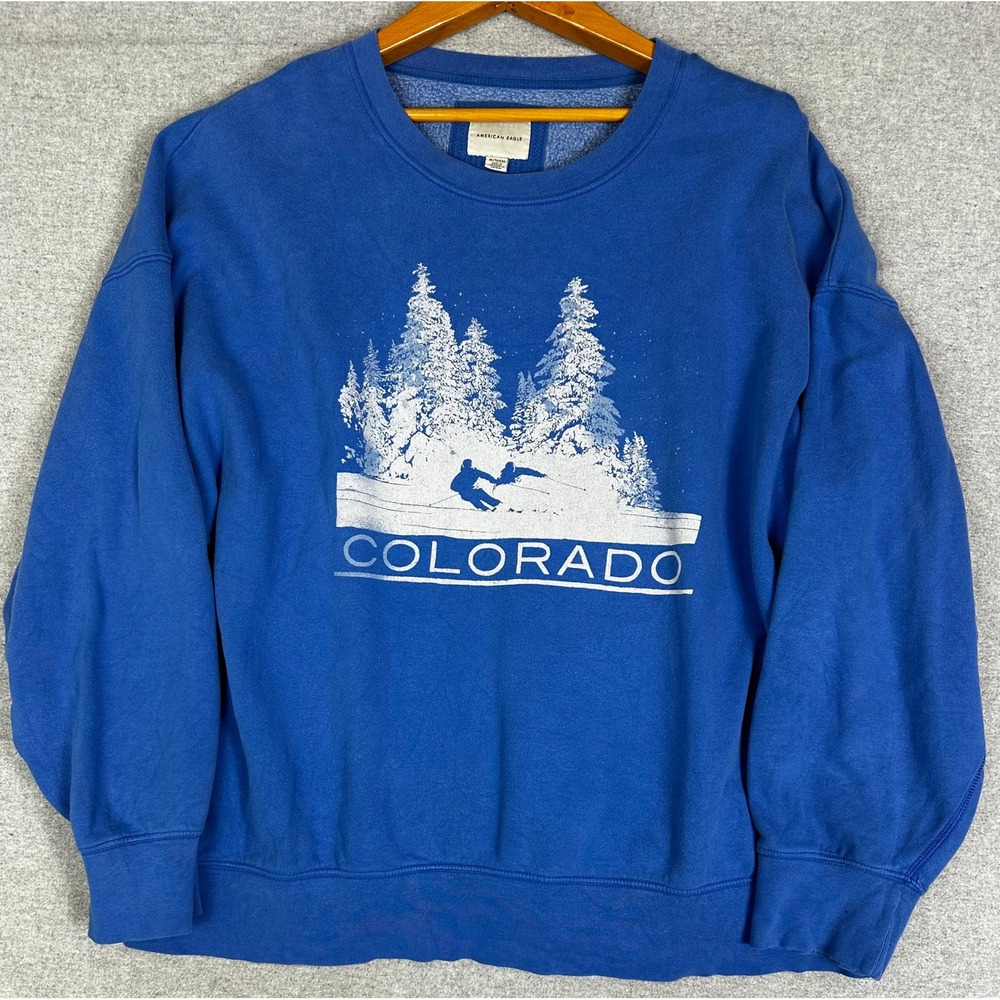 American Eagle Sweatshirt Mens XL Blue Colorado Ski Graphic Pullover